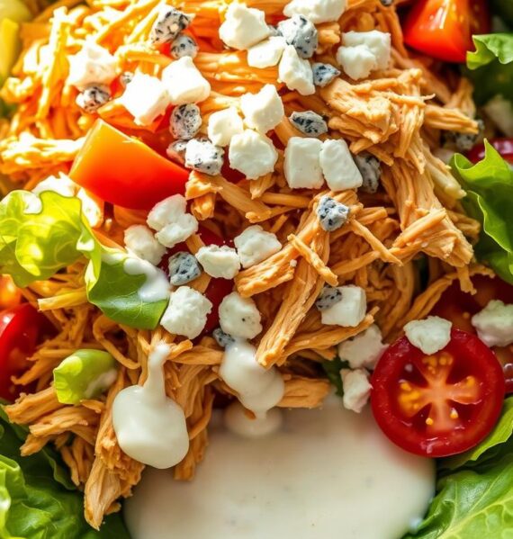 A delectable buffalo chicken salad filled with shredded chicken, crisp lettuce, juicy tomatoes, and tangy crumbled blue cheese, drizzled with a creamy yogurt-based dressing. The salad is illuminated by warm, natural lighting, creating a vibrant and appetizing scene. Captured from a high-angle view, the salad appears fresh and inviting, with the dressing pooling at the bottom of the bowl, tempting the viewer to dive in. The overall mood is one of a healthy, flavorful meal, perfect for the "8 Healthy Salads Featuring Shredded Chicken" article.