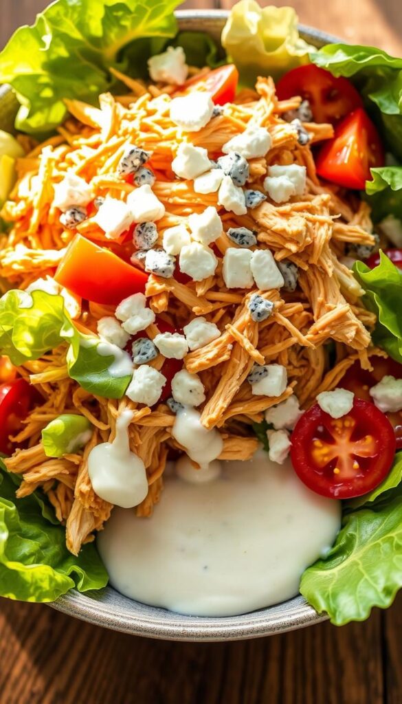 A delectable buffalo chicken salad filled with shredded chicken, crisp lettuce, juicy tomatoes, and tangy crumbled blue cheese, drizzled with a creamy yogurt-based dressing. The salad is illuminated by warm, natural lighting, creating a vibrant and appetizing scene. Captured from a high-angle view, the salad appears fresh and inviting, with the dressing pooling at the bottom of the bowl, tempting the viewer to dive in. The overall mood is one of a healthy, flavorful meal, perfect for the "8 Healthy Salads Featuring Shredded Chicken" article.