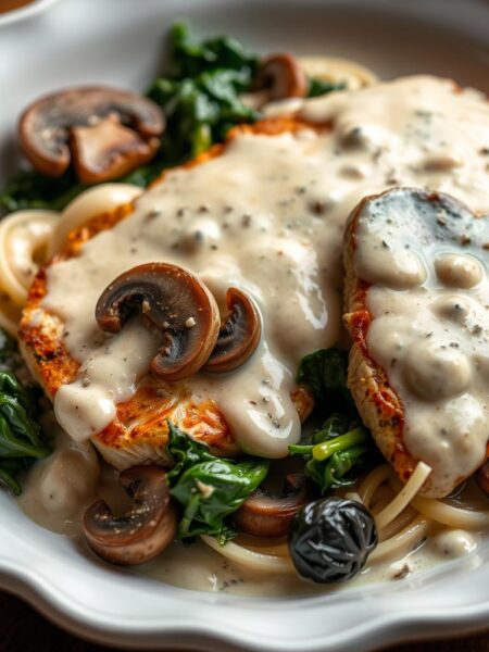 A delectable chicken alfredo dish with a twist - tender chicken breast, sautéed spinach, and earthy mushrooms, all coated in a rich, creamy alfredo sauce. The chicken is pan-seared to perfection, its juices mingling with the savory vegetables and the smooth, velvety sauce. The dish is presented on a white ceramic plate, the ingredients artfully arranged to showcase their vibrant colors and textures. Soft, ambient lighting casts a warm glow over the scene, creating an inviting and appetizing atmosphere. The overall composition is balanced and visually appealing, inviting the viewer to savor every bite of this flavorful and comforting dish.