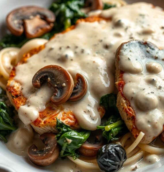 A delectable chicken alfredo dish with a twist - tender chicken breast, sautéed spinach, and earthy mushrooms, all coated in a rich, creamy alfredo sauce. The chicken is pan-seared to perfection, its juices mingling with the savory vegetables and the smooth, velvety sauce. The dish is presented on a white ceramic plate, the ingredients artfully arranged to showcase their vibrant colors and textures. Soft, ambient lighting casts a warm glow over the scene, creating an inviting and appetizing atmosphere. The overall composition is balanced and visually appealing, inviting the viewer to savor every bite of this flavorful and comforting dish.