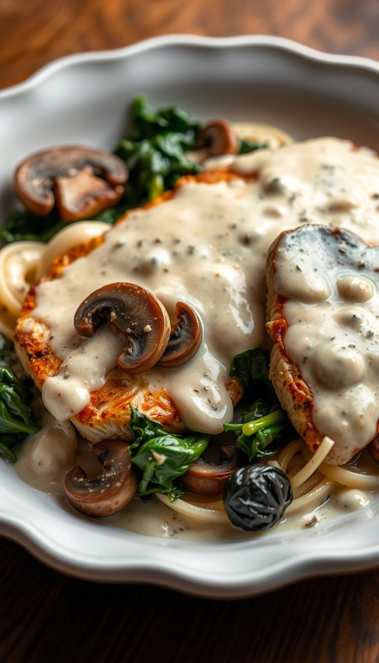 A delectable chicken alfredo dish with a twist - tender chicken breast, sautéed spinach, and earthy mushrooms, all coated in a rich, creamy alfredo sauce. The chicken is pan-seared to perfection, its juices mingling with the savory vegetables and the smooth, velvety sauce. The dish is presented on a white ceramic plate, the ingredients artfully arranged to showcase their vibrant colors and textures. Soft, ambient lighting casts a warm glow over the scene, creating an inviting and appetizing atmosphere. The overall composition is balanced and visually appealing, inviting the viewer to savor every bite of this flavorful and comforting dish.