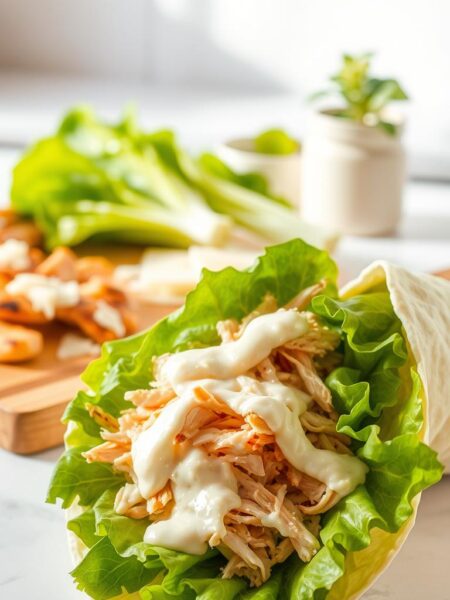 A delectable chicken caesar wrap set against a bright, airy backdrop. In the foreground, a freshly prepared wrap with tender shredded chicken, crisp romaine lettuce, creamy caesar dressing, and shavings of parmesan cheese, all wrapped in a soft, pliable tortilla. The middle ground showcases a wooden cutting board with the wrap's ingredients - grilled chicken, romaine hearts, caesar dressing, and parmesan. In the background, a clean, minimalist kitchen counter with a small potted plant, lending a sense of freshness. Warm, natural lighting casts a gentle glow, highlighting the vibrant colors and textures of the dish. The overall scene evokes a casual, appetizing atmosphere, perfect for illustrating a quick and easy chicken-based recipe.