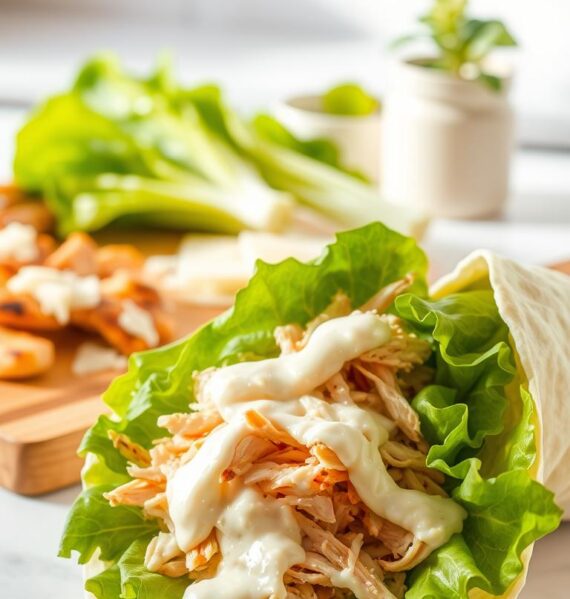A delectable chicken caesar wrap set against a bright, airy backdrop. In the foreground, a freshly prepared wrap with tender shredded chicken, crisp romaine lettuce, creamy caesar dressing, and shavings of parmesan cheese, all wrapped in a soft, pliable tortilla. The middle ground showcases a wooden cutting board with the wrap's ingredients - grilled chicken, romaine hearts, caesar dressing, and parmesan. In the background, a clean, minimalist kitchen counter with a small potted plant, lending a sense of freshness. Warm, natural lighting casts a gentle glow, highlighting the vibrant colors and textures of the dish. The overall scene evokes a casual, appetizing atmosphere, perfect for illustrating a quick and easy chicken-based recipe.