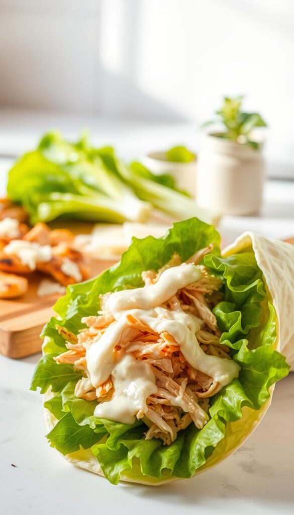 A delectable chicken caesar wrap set against a bright, airy backdrop. In the foreground, a freshly prepared wrap with tender shredded chicken, crisp romaine lettuce, creamy caesar dressing, and shavings of parmesan cheese, all wrapped in a soft, pliable tortilla. The middle ground showcases a wooden cutting board with the wrap's ingredients - grilled chicken, romaine hearts, caesar dressing, and parmesan. In the background, a clean, minimalist kitchen counter with a small potted plant, lending a sense of freshness. Warm, natural lighting casts a gentle glow, highlighting the vibrant colors and textures of the dish. The overall scene evokes a casual, appetizing atmosphere, perfect for illustrating a quick and easy chicken-based recipe.