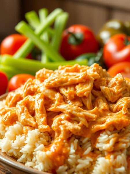 A delectable chicken casserole with a buffalo twist, set against a warm, homey backdrop. In the foreground, a generous serving of tender, shredded chicken mixed with a creamy, tangy buffalo sauce, nestled atop a bed of fluffy, fragrant rice. Surrounding the casserole, an assortment of fresh, vibrant vegetables - crisp celery stalks, juicy tomatoes, and aromatic bell peppers - adding pops of color and texture. The scene is illuminated by soft, natural lighting, casting a cozy, welcoming glow. The overall atmosphere evokes a sense of comfort and indulgence, perfect for a satisfying, family-style meal.