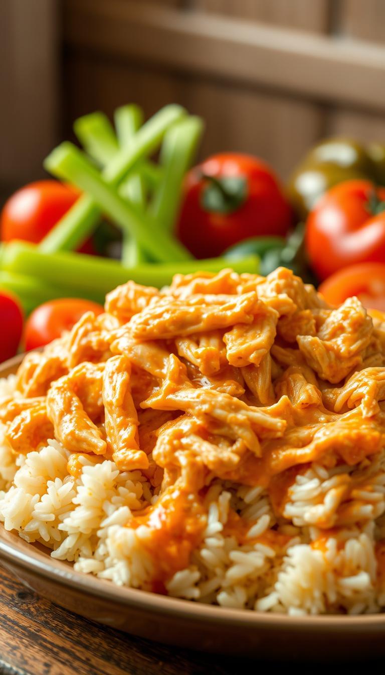 A delectable chicken casserole with a buffalo twist, set against a warm, homey backdrop. In the foreground, a generous serving of tender, shredded chicken mixed with a creamy, tangy buffalo sauce, nestled atop a bed of fluffy, fragrant rice. Surrounding the casserole, an assortment of fresh, vibrant vegetables - crisp celery stalks, juicy tomatoes, and aromatic bell peppers - adding pops of color and texture. The scene is illuminated by soft, natural lighting, casting a cozy, welcoming glow. The overall atmosphere evokes a sense of comfort and indulgence, perfect for a satisfying, family-style meal.