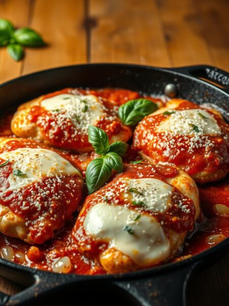 A delectable chicken parmesan skillet, meticulously prepared on a worn cast-iron pan. In the foreground, golden-brown chicken breasts are smothered in a rich tomato sauce, blanketed with a layer of melted mozzarella cheese. Sprigs of fresh basil and a dusting of grated parmesan add vibrant pops of color and flavor. The middle ground reveals sautéed onions and garlic, the aroma wafting through the air. In the background, a simple wood table sets the rustic scene, complemented by the warm, inviting glow of a natural light source. The overall mood is one of homely comfort and mouthwatering anticipation.