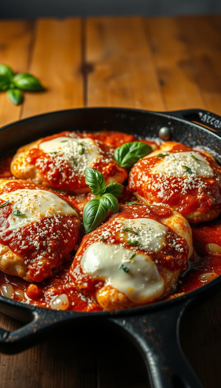 A delectable chicken parmesan skillet, meticulously prepared on a worn cast-iron pan. In the foreground, golden-brown chicken breasts are smothered in a rich tomato sauce, blanketed with a layer of melted mozzarella cheese. Sprigs of fresh basil and a dusting of grated parmesan add vibrant pops of color and flavor. The middle ground reveals sautéed onions and garlic, the aroma wafting through the air. In the background, a simple wood table sets the rustic scene, complemented by the warm, inviting glow of a natural light source. The overall mood is one of homely comfort and mouthwatering anticipation.