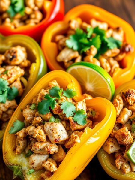 A delectable close-up of chicken fajita stuffed bell peppers, bathed in warm, golden light. The bell peppers, vibrant and ripe, are halved and brimming with a savory mixture of tender, seared chicken, sautéed onions, and fragrant spices. A garnish of fresh cilantro and a squeeze of lime add a zesty, herbaceous touch, complementing the richness of the dish. The peppers are arranged on a rustic, wooden surface, creating a homey, inviting atmosphere. The overall composition is clean, well-balanced, and captures the mouthwatering essence of this low-carb, protein-packed meal.
