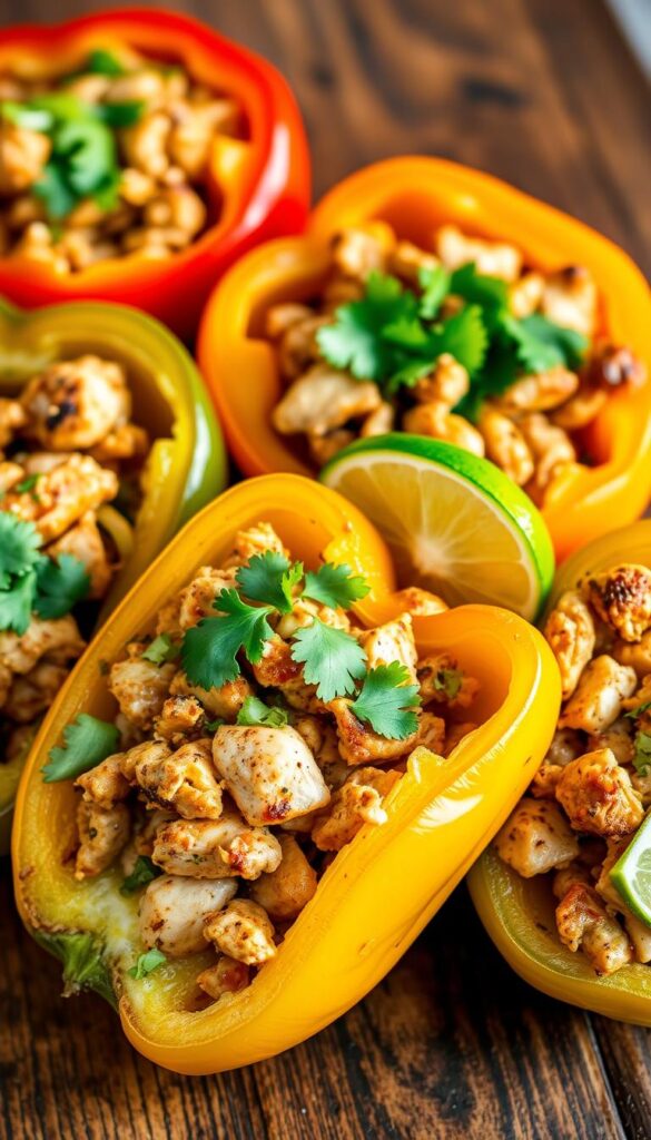 A delectable close-up of chicken fajita stuffed bell peppers, bathed in warm, golden light. The bell peppers, vibrant and ripe, are halved and brimming with a savory mixture of tender, seared chicken, sautéed onions, and fragrant spices. A garnish of fresh cilantro and a squeeze of lime add a zesty, herbaceous touch, complementing the richness of the dish. The peppers are arranged on a rustic, wooden surface, creating a homey, inviting atmosphere. The overall composition is clean, well-balanced, and captures the mouthwatering essence of this low-carb, protein-packed meal.