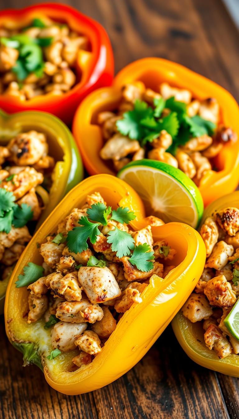 A delectable close-up of chicken fajita stuffed bell peppers, bathed in warm, golden light. The bell peppers, vibrant and ripe, are halved and brimming with a savory mixture of tender, seared chicken, sautéed onions, and fragrant spices. A garnish of fresh cilantro and a squeeze of lime add a zesty, herbaceous touch, complementing the richness of the dish. The peppers are arranged on a rustic, wooden surface, creating a homey, inviting atmosphere. The overall composition is clean, well-balanced, and captures the mouthwatering essence of this low-carb, protein-packed meal.