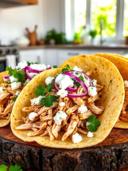 A delectable close-up of freshly prepared Greek-style shredded chicken tacos, served on warm corn tortillas and garnished with crumbled feta, chopped red onion, fresh parsley, and a drizzle of tzatziki sauce. The chicken is tender and flavorful, seasoned with oregano, lemon, and garlic. The tacos are arranged artfully on a rustic wooden surface, with a backdrop of a neutral, minimalist kitchen setting, bathed in warm, natural lighting from a large window. The overall atmosphere is one of home-cooked, Mediterranean-inspired comfort and simplicity.