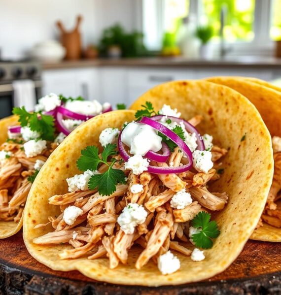 A delectable close-up of freshly prepared Greek-style shredded chicken tacos, served on warm corn tortillas and garnished with crumbled feta, chopped red onion, fresh parsley, and a drizzle of tzatziki sauce. The chicken is tender and flavorful, seasoned with oregano, lemon, and garlic. The tacos are arranged artfully on a rustic wooden surface, with a backdrop of a neutral, minimalist kitchen setting, bathed in warm, natural lighting from a large window. The overall atmosphere is one of home-cooked, Mediterranean-inspired comfort and simplicity.