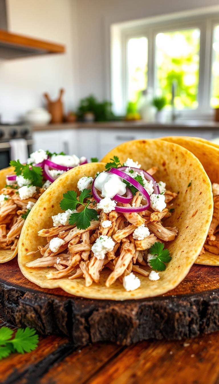 A delectable close-up of freshly prepared Greek-style shredded chicken tacos, served on warm corn tortillas and garnished with crumbled feta, chopped red onion, fresh parsley, and a drizzle of tzatziki sauce. The chicken is tender and flavorful, seasoned with oregano, lemon, and garlic. The tacos are arranged artfully on a rustic wooden surface, with a backdrop of a neutral, minimalist kitchen setting, bathed in warm, natural lighting from a large window. The overall atmosphere is one of home-cooked, Mediterranean-inspired comfort and simplicity.