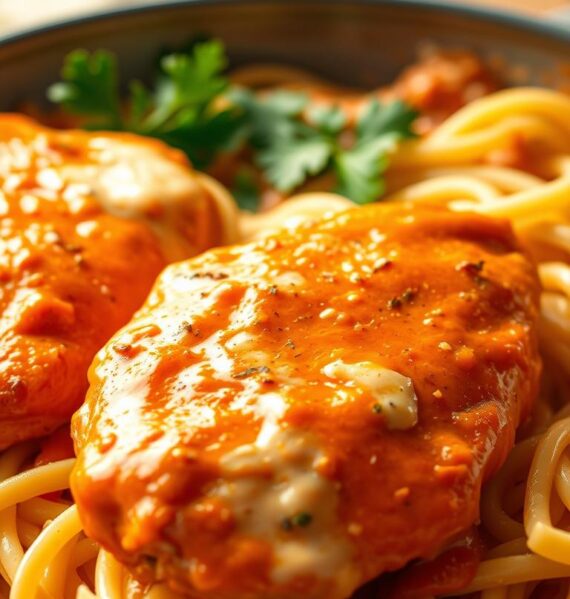 A delectable dish of Buffalo Chicken Alfredo, simmering with creamy, spicy goodness. In the foreground, juicy chicken breasts, coated in a vibrant orange-red buffalo sauce, sit atop a bed of al dente fettuccine noodles. The middle ground features a luscious, velvety alfredo sauce, infused with garlic and parmesan, perfectly coating the noodles. In the background, a subtle hint of fresh parsley and green onions adds a touch of freshness, complementing the bold flavors. Lit by warm, golden lighting, casting a comforting glow over the scene, the image exudes a mouthwatering, homey atmosphere. Captured with a shallow depth of field, drawing the viewer's attention to the star of the dish - the Buffalo Chicken Alfredo.