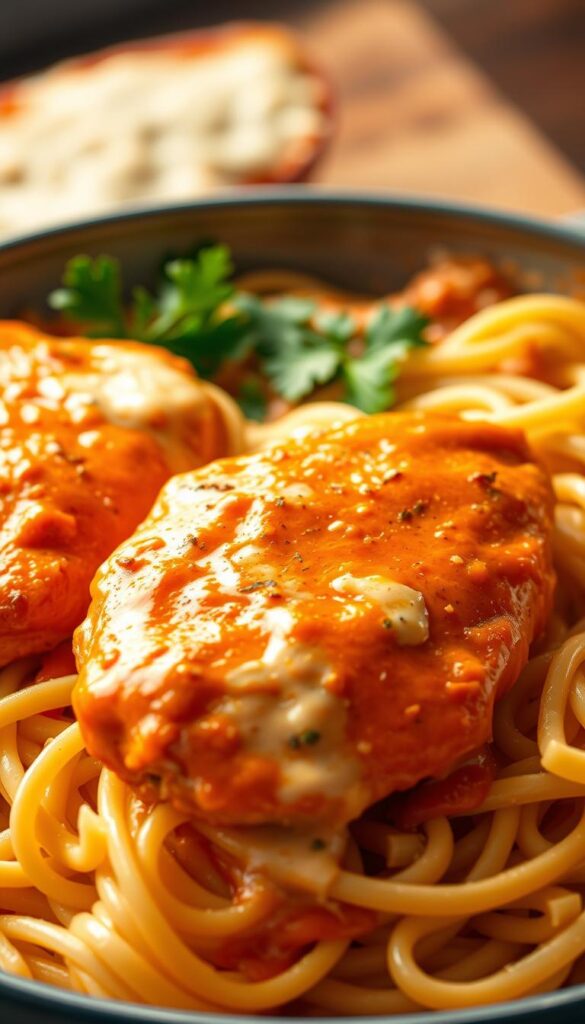 A delectable dish of Buffalo Chicken Alfredo, simmering with creamy, spicy goodness. In the foreground, juicy chicken breasts, coated in a vibrant orange-red buffalo sauce, sit atop a bed of al dente fettuccine noodles. The middle ground features a luscious, velvety alfredo sauce, infused with garlic and parmesan, perfectly coating the noodles. In the background, a subtle hint of fresh parsley and green onions adds a touch of freshness, complementing the bold flavors. Lit by warm, golden lighting, casting a comforting glow over the scene, the image exudes a mouthwatering, homey atmosphere. Captured with a shallow depth of field, drawing the viewer's attention to the star of the dish - the Buffalo Chicken Alfredo.