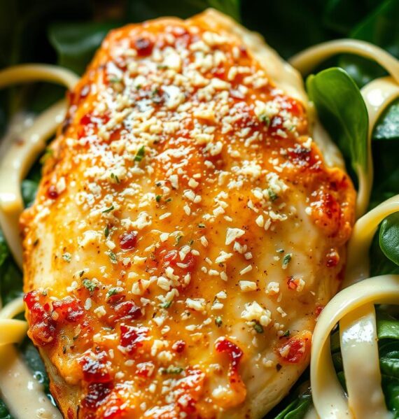 A delectable dish of creamy garlic parmesan chicken, glistening with a golden-brown sear, nestled atop a bed of vibrant spinach leaves. The chicken is juicy and tender, its surface lightly dusted with grated parmesan and a hint of freshly minced garlic. Ribbons of cream sauce, infused with the savory essence of the chicken, cling to the spinach, creating a harmonious blend of flavors. The scene is illuminated by soft, warm lighting, casting a cozy glow and emphasizing the dish's tempting texture and appearance. Captured from a slightly elevated angle, the image showcases the enticing layers of this low-carb, nutritious chicken recipe.