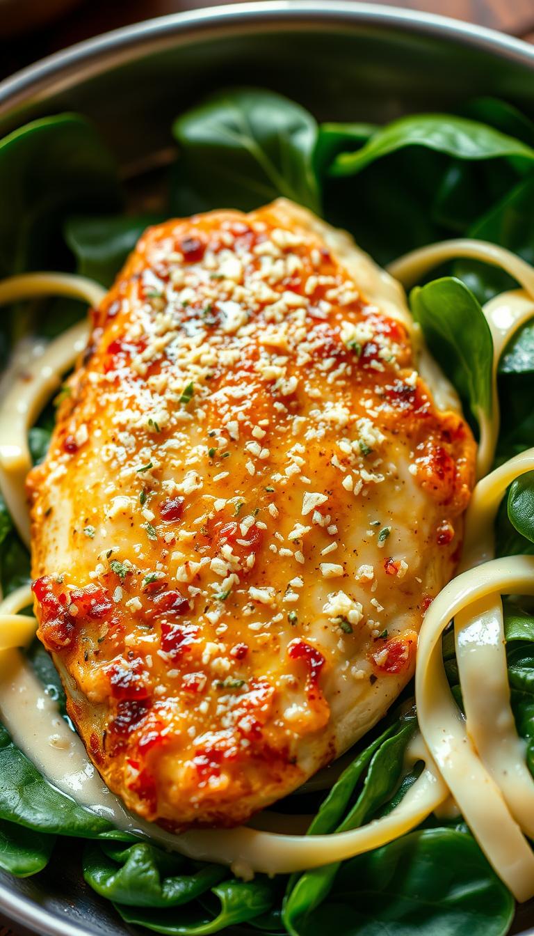 A delectable dish of creamy garlic parmesan chicken, glistening with a golden-brown sear, nestled atop a bed of vibrant spinach leaves. The chicken is juicy and tender, its surface lightly dusted with grated parmesan and a hint of freshly minced garlic. Ribbons of cream sauce, infused with the savory essence of the chicken, cling to the spinach, creating a harmonious blend of flavors. The scene is illuminated by soft, warm lighting, casting a cozy glow and emphasizing the dish's tempting texture and appearance. Captured from a slightly elevated angle, the image showcases the enticing layers of this low-carb, nutritious chicken recipe.