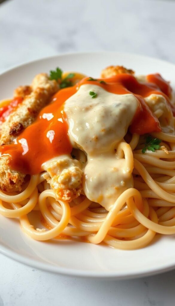 A delectable dish of creamy, rich Buffalo chicken Alfredo, simmering with tangy hot sauce, tender chicken, and al dente fettuccine pasta, all nestled atop a gleaming, elegant white plate. The chicken is lightly breaded and crispy, drizzled with a vibrant orange-red sauce that glistens under warm, golden lighting. The pasta is twirled and swirled, blanketed in a silky, cheese-infused sauce. The composition is balanced, with the chicken and pasta filling the frame, set against a softly blurred, minimalist background that lets the main ingredients shine. The overall mood is comforting, indulgent, and mouthwatering.