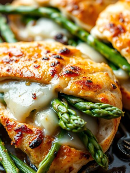 A delectable dish of golden-brown chicken breasts, perfectly stuffed with vibrant green asparagus spears and gooey, melted provolone cheese. The chicken is seared to a crisp, mouth-watering exterior, while the interior is juicy and bursting with the savory flavors of the filling. The image is captured in a warm, natural lighting, highlighting the tantalizing textures and colors of the dish. A shallow depth of field brings the stuffed chicken into sharp focus, while the blurred background suggests a rustic, homey setting. The overall composition is balanced and visually appealing, inviting the viewer to savor this tempting and comforting culinary creation.