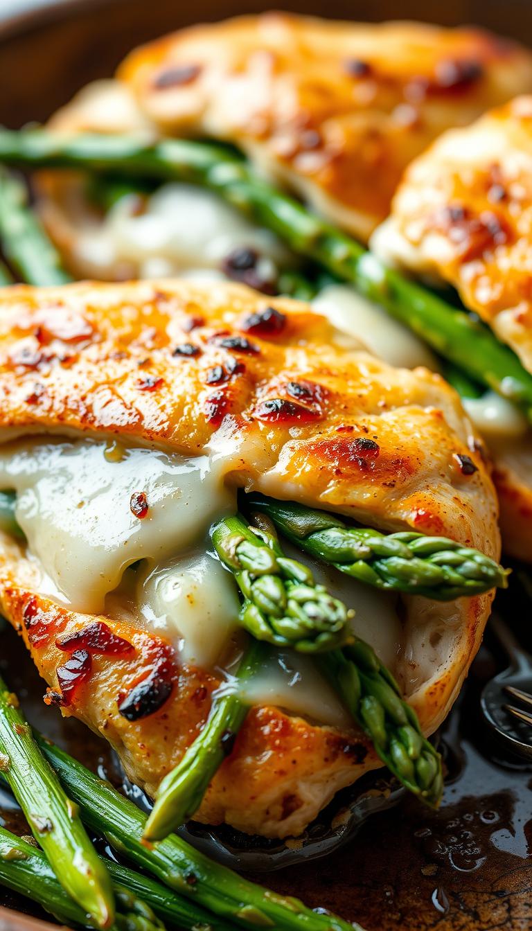 A delectable dish of golden-brown chicken breasts, perfectly stuffed with vibrant green asparagus spears and gooey, melted provolone cheese. The chicken is seared to a crisp, mouth-watering exterior, while the interior is juicy and bursting with the savory flavors of the filling. The image is captured in a warm, natural lighting, highlighting the tantalizing textures and colors of the dish. A shallow depth of field brings the stuffed chicken into sharp focus, while the blurred background suggests a rustic, homey setting. The overall composition is balanced and visually appealing, inviting the viewer to savor this tempting and comforting culinary creation.