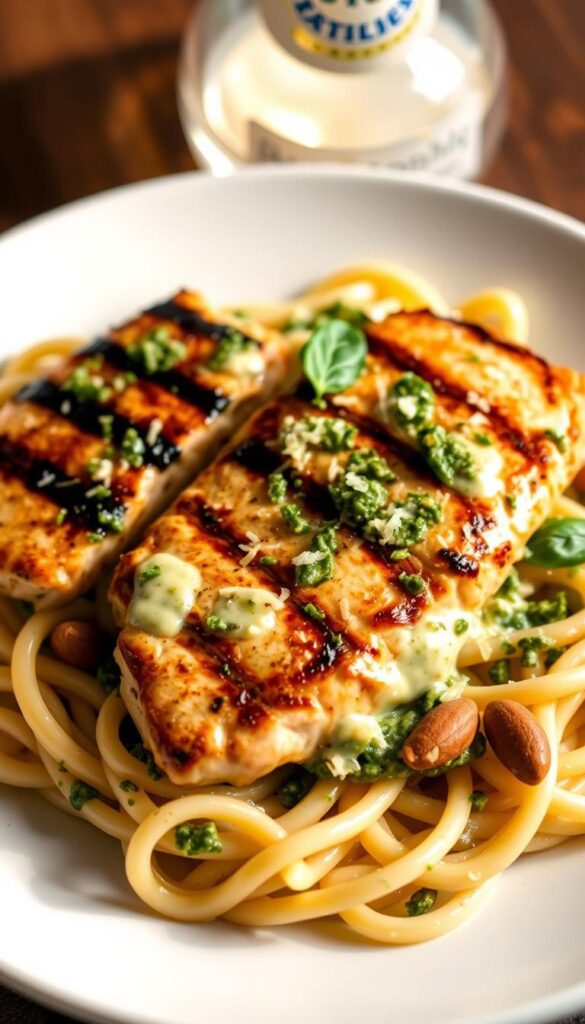 A delectable dish of pesto chicken alfredo, featuring tender grilled chicken breasts nestled on a bed of al dente fettuccine, all coated in a rich, creamy alfredo sauce infused with the fragrant notes of fresh basil pesto. The chicken is juicy and charred, complemented by the velvety texture of the pasta and the vibrant green hues of the pesto. Toasted pine nuts add a delightful crunch, while shredded parmesan cheese lends a savory, salty finish. Soft lighting from overhead illuminates the enticing meal, casting warm, appetizing shadows across the plate. The overall scene evokes a cozy, inviting atmosphere, perfect for a comforting Italian-inspired dinner.