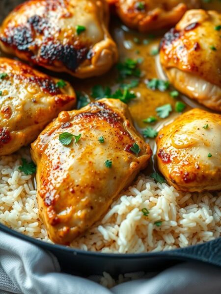 A delectable garlic butter chicken and rice skillet, sizzling with golden-brown chicken thighs nestled atop a fluffy bed of aromatic basmati rice. The chicken is basted in a rich, creamy sauce infused with the warm, pungent notes of freshly minced garlic, creating a mouthwatering aroma that fills the air. The dish is presented in a cast-iron skillet, with the chicken and rice artfully arranged to showcase the vibrant colors and textures. Soft, pillowy rice grains are contrasted by the crisp, caramelized skin of the chicken, while a scattering of chopped parsley adds a fresh, herbaceous touch. Subtle shadows and highlights accentuate the dish's depth and dimension, creating a cozy, inviting atmosphere that beckons the viewer to dive in and savor the comforting flavors.