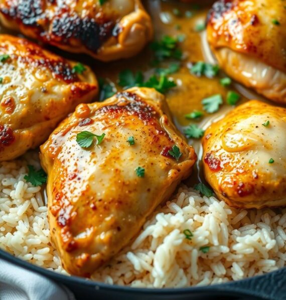 A delectable garlic butter chicken and rice skillet, sizzling with golden-brown chicken thighs nestled atop a fluffy bed of aromatic basmati rice. The chicken is basted in a rich, creamy sauce infused with the warm, pungent notes of freshly minced garlic, creating a mouthwatering aroma that fills the air. The dish is presented in a cast-iron skillet, with the chicken and rice artfully arranged to showcase the vibrant colors and textures. Soft, pillowy rice grains are contrasted by the crisp, caramelized skin of the chicken, while a scattering of chopped parsley adds a fresh, herbaceous touch. Subtle shadows and highlights accentuate the dish's depth and dimension, creating a cozy, inviting atmosphere that beckons the viewer to dive in and savor the comforting flavors.