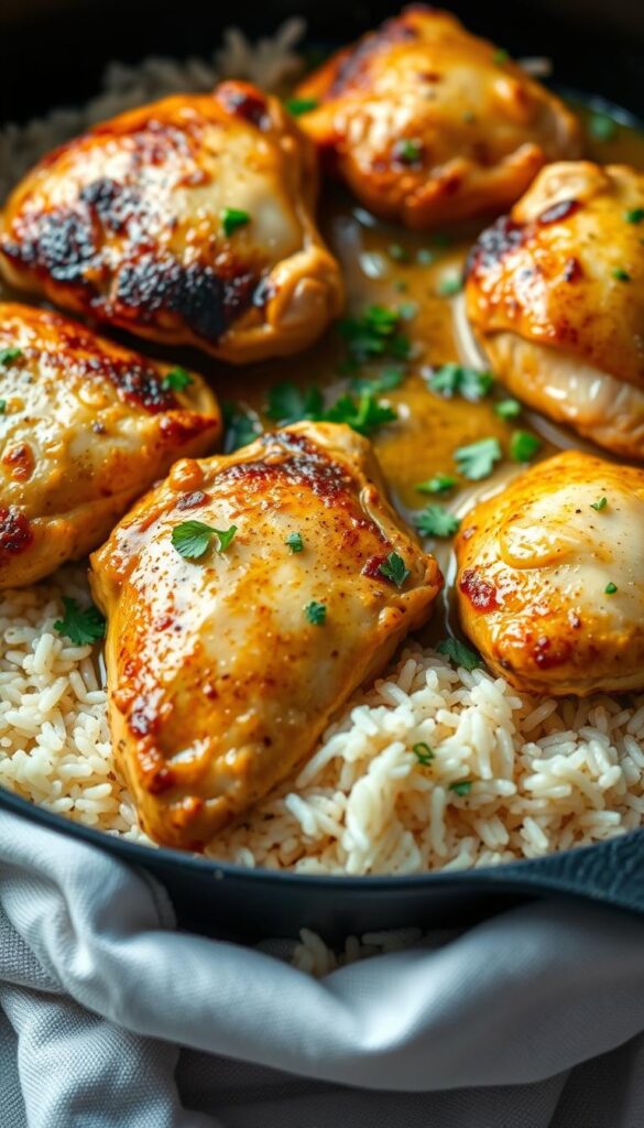 A delectable garlic butter chicken and rice skillet, sizzling with golden-brown chicken thighs nestled atop a fluffy bed of aromatic basmati rice. The chicken is basted in a rich, creamy sauce infused with the warm, pungent notes of freshly minced garlic, creating a mouthwatering aroma that fills the air. The dish is presented in a cast-iron skillet, with the chicken and rice artfully arranged to showcase the vibrant colors and textures. Soft, pillowy rice grains are contrasted by the crisp, caramelized skin of the chicken, while a scattering of chopped parsley adds a fresh, herbaceous touch. Subtle shadows and highlights accentuate the dish's depth and dimension, creating a cozy, inviting atmosphere that beckons the viewer to dive in and savor the comforting flavors.