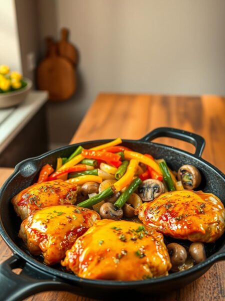 A delectable honey mustard chicken skillet sizzles in the foreground, the juicy chicken thighs coated in a tantalizing glaze of sweet honey and tangy Dijon. Aromatic herbs and spices add depth, while sautéed vegetables - vibrant bell peppers, onions, and mushrooms - create a colorful medley in the middle ground. The skillet rests atop a rustic wooden table, bathed in warm, natural lighting that casts a soft, inviting glow. In the background, a minimalist kitchen interior with clean lines and earthy tones provides a simple, streamlined backdrop, allowing the starring dish to shine. The overall scene evokes a cozy, homemade appeal, perfect for showcasing this quick and easy honey mustard chicken skillet recipe.
