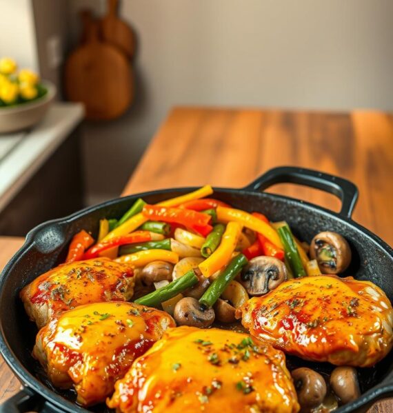 A delectable honey mustard chicken skillet sizzles in the foreground, the juicy chicken thighs coated in a tantalizing glaze of sweet honey and tangy Dijon. Aromatic herbs and spices add depth, while sautéed vegetables - vibrant bell peppers, onions, and mushrooms - create a colorful medley in the middle ground. The skillet rests atop a rustic wooden table, bathed in warm, natural lighting that casts a soft, inviting glow. In the background, a minimalist kitchen interior with clean lines and earthy tones provides a simple, streamlined backdrop, allowing the starring dish to shine. The overall scene evokes a cozy, homemade appeal, perfect for showcasing this quick and easy honey mustard chicken skillet recipe.