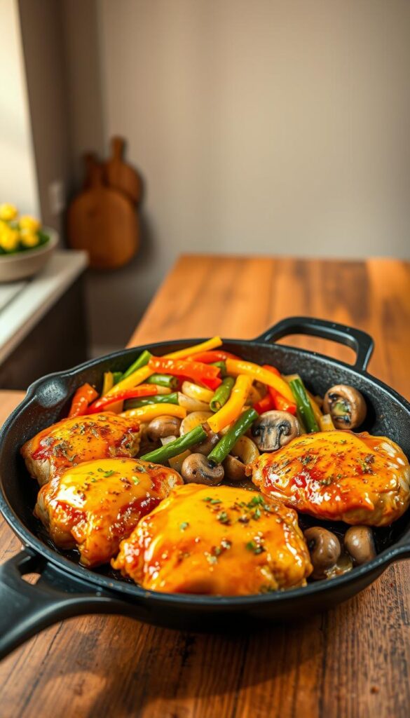 A delectable honey mustard chicken skillet sizzles in the foreground, the juicy chicken thighs coated in a tantalizing glaze of sweet honey and tangy Dijon. Aromatic herbs and spices add depth, while sautéed vegetables - vibrant bell peppers, onions, and mushrooms - create a colorful medley in the middle ground. The skillet rests atop a rustic wooden table, bathed in warm, natural lighting that casts a soft, inviting glow. In the background, a minimalist kitchen interior with clean lines and earthy tones provides a simple, streamlined backdrop, allowing the starring dish to shine. The overall scene evokes a cozy, homemade appeal, perfect for showcasing this quick and easy honey mustard chicken skillet recipe.