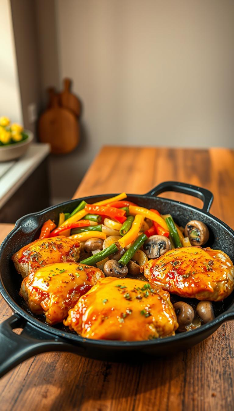 A delectable honey mustard chicken skillet sizzles in the foreground, the juicy chicken thighs coated in a tantalizing glaze of sweet honey and tangy Dijon. Aromatic herbs and spices add depth, while sautéed vegetables - vibrant bell peppers, onions, and mushrooms - create a colorful medley in the middle ground. The skillet rests atop a rustic wooden table, bathed in warm, natural lighting that casts a soft, inviting glow. In the background, a minimalist kitchen interior with clean lines and earthy tones provides a simple, streamlined backdrop, allowing the starring dish to shine. The overall scene evokes a cozy, homemade appeal, perfect for showcasing this quick and easy honey mustard chicken skillet recipe.