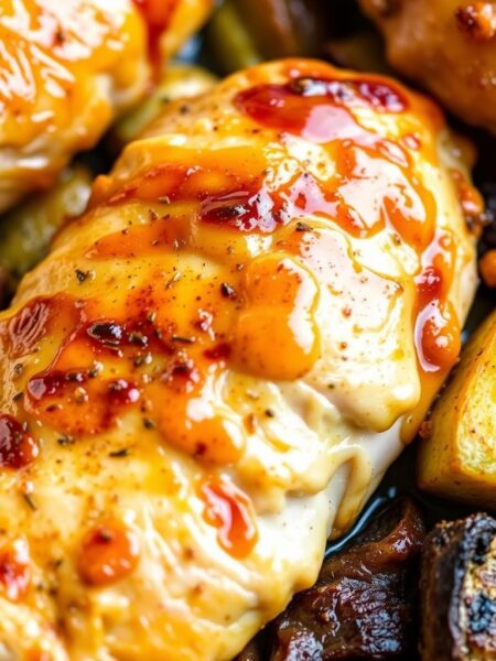 A delectable honey mustard glazed chicken breast, perfectly baked to a golden-brown finish, sits atop a bed of roasted vegetables. The succulent chicken is accented by a subtle hint of aromatics, creating a harmonious blend of sweet and savory flavors. Soft lighting casts a warm glow, highlighting the glistening glaze and the tender, juicy texture of the meat. The composition is balanced, with the chicken taking center stage, surrounded by complementary elements that elevate the overall visual appeal. This mouthwatering scene captures the essence of a comforting and flavorful honey mustard baked chicken recipe, ready to be savored and enjoyed.