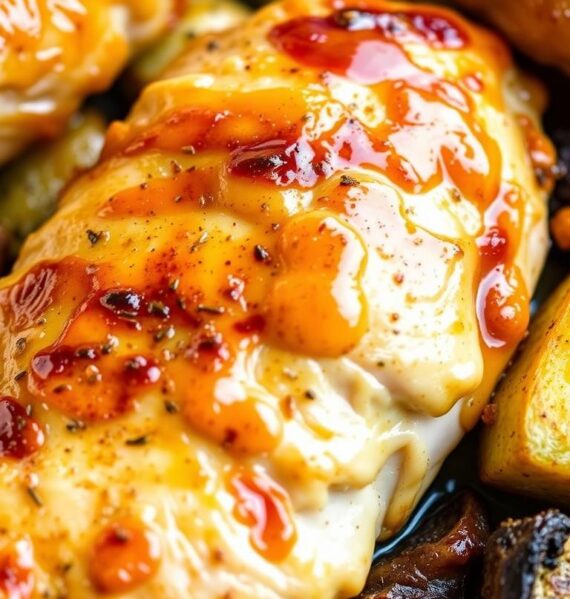 A delectable honey mustard glazed chicken breast, perfectly baked to a golden-brown finish, sits atop a bed of roasted vegetables. The succulent chicken is accented by a subtle hint of aromatics, creating a harmonious blend of sweet and savory flavors. Soft lighting casts a warm glow, highlighting the glistening glaze and the tender, juicy texture of the meat. The composition is balanced, with the chicken taking center stage, surrounded by complementary elements that elevate the overall visual appeal. This mouthwatering scene captures the essence of a comforting and flavorful honey mustard baked chicken recipe, ready to be savored and enjoyed.