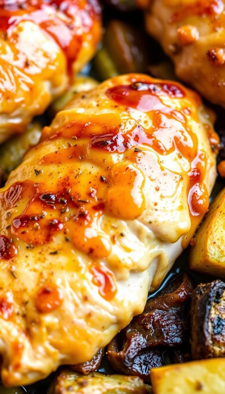 A delectable honey mustard glazed chicken breast, perfectly baked to a golden-brown finish, sits atop a bed of roasted vegetables. The succulent chicken is accented by a subtle hint of aromatics, creating a harmonious blend of sweet and savory flavors. Soft lighting casts a warm glow, highlighting the glistening glaze and the tender, juicy texture of the meat. The composition is balanced, with the chicken taking center stage, surrounded by complementary elements that elevate the overall visual appeal. This mouthwatering scene captures the essence of a comforting and flavorful honey mustard baked chicken recipe, ready to be savored and enjoyed.