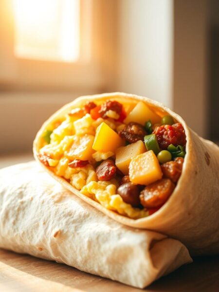 A delectable instant pot breakfast burrito, meticulously crafted with fluffy scrambled eggs, savory chorizo, tender potatoes, and a medley of vibrant vegetables. Nestled in a warm, soft tortilla shell, the burrito is illuminated by natural sunlight filtering through a window, casting a golden glow and creating an inviting, appetizing scene. The composition places the burrito in the foreground, with a clean, minimalist background to emphasize the dish. The overall mood is one of cozy, homemade comfort, perfect for a quick and satisfying morning meal.