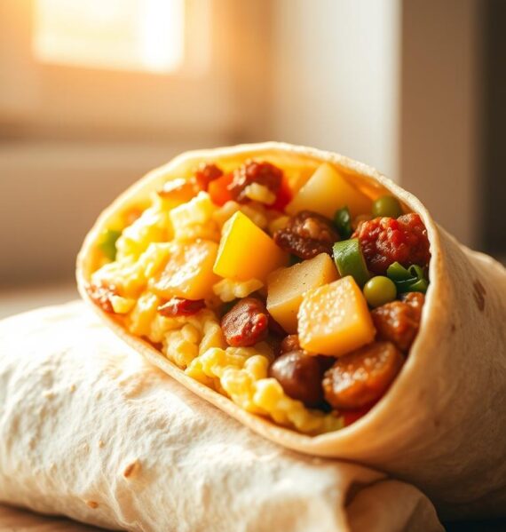 A delectable instant pot breakfast burrito, meticulously crafted with fluffy scrambled eggs, savory chorizo, tender potatoes, and a medley of vibrant vegetables. Nestled in a warm, soft tortilla shell, the burrito is illuminated by natural sunlight filtering through a window, casting a golden glow and creating an inviting, appetizing scene. The composition places the burrito in the foreground, with a clean, minimalist background to emphasize the dish. The overall mood is one of cozy, homemade comfort, perfect for a quick and satisfying morning meal.