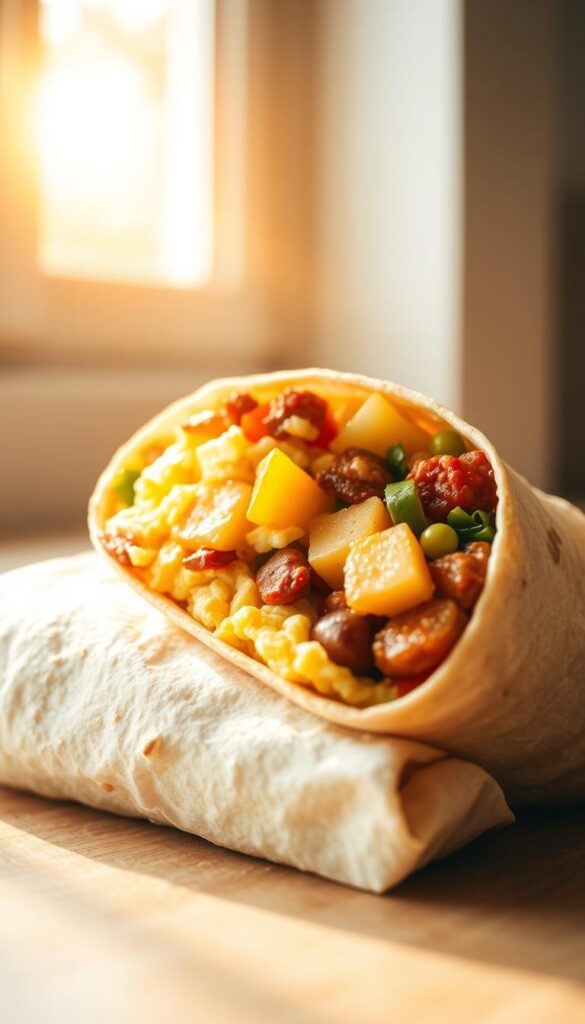 A delectable instant pot breakfast burrito, meticulously crafted with fluffy scrambled eggs, savory chorizo, tender potatoes, and a medley of vibrant vegetables. Nestled in a warm, soft tortilla shell, the burrito is illuminated by natural sunlight filtering through a window, casting a golden glow and creating an inviting, appetizing scene. The composition places the burrito in the foreground, with a clean, minimalist background to emphasize the dish. The overall mood is one of cozy, homemade comfort, perfect for a quick and satisfying morning meal.