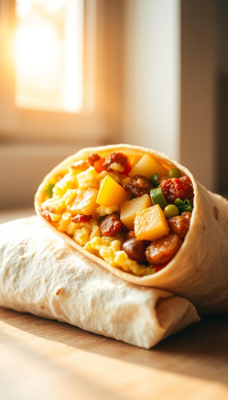 A delectable instant pot breakfast burrito, meticulously crafted with fluffy scrambled eggs, savory chorizo, tender potatoes, and a medley of vibrant vegetables. Nestled in a warm, soft tortilla shell, the burrito is illuminated by natural sunlight filtering through a window, casting a golden glow and creating an inviting, appetizing scene. The composition places the burrito in the foreground, with a clean, minimalist background to emphasize the dish. The overall mood is one of cozy, homemade comfort, perfect for a quick and satisfying morning meal.