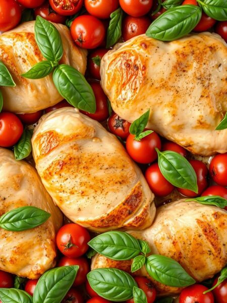 A delectable one-pan dish of tender chicken breasts nestled among a vibrant medley of plump, juicy tomatoes and fragrant, aromatic basil leaves. Soft, golden-seared chicken skin glistens under the warm, mellow light, while the basil's verdant hues and the tomatoes' ruby-red tones create a captivating visual harmony. The scene is framed by the clean, uncluttered expanse of a stainless steel baking sheet, lending a sleek, modern aesthetic. The overall composition conveys a sense of effortless, homestyle elegance - a perfect representation of a comforting, yet sophisticated, weeknight meal.