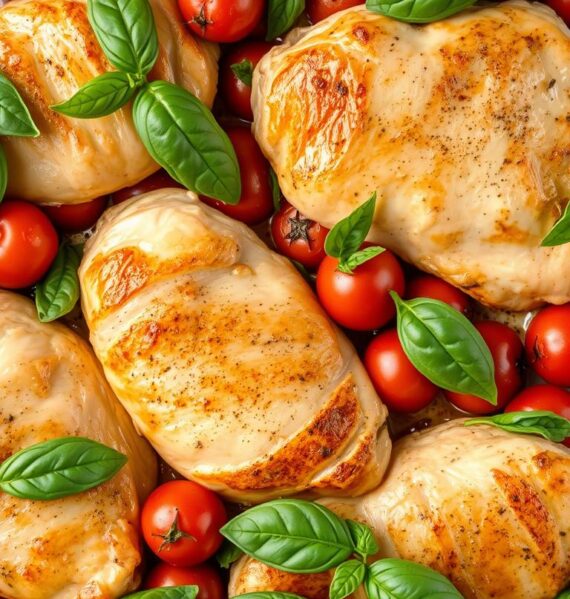 A delectable one-pan dish of tender chicken breasts nestled among a vibrant medley of plump, juicy tomatoes and fragrant, aromatic basil leaves. Soft, golden-seared chicken skin glistens under the warm, mellow light, while the basil's verdant hues and the tomatoes' ruby-red tones create a captivating visual harmony. The scene is framed by the clean, uncluttered expanse of a stainless steel baking sheet, lending a sleek, modern aesthetic. The overall composition conveys a sense of effortless, homestyle elegance - a perfect representation of a comforting, yet sophisticated, weeknight meal.