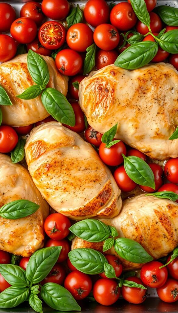 A delectable one-pan dish of tender chicken breasts nestled among a vibrant medley of plump, juicy tomatoes and fragrant, aromatic basil leaves. Soft, golden-seared chicken skin glistens under the warm, mellow light, while the basil's verdant hues and the tomatoes' ruby-red tones create a captivating visual harmony. The scene is framed by the clean, uncluttered expanse of a stainless steel baking sheet, lending a sleek, modern aesthetic. The overall composition conveys a sense of effortless, homestyle elegance - a perfect representation of a comforting, yet sophisticated, weeknight meal.