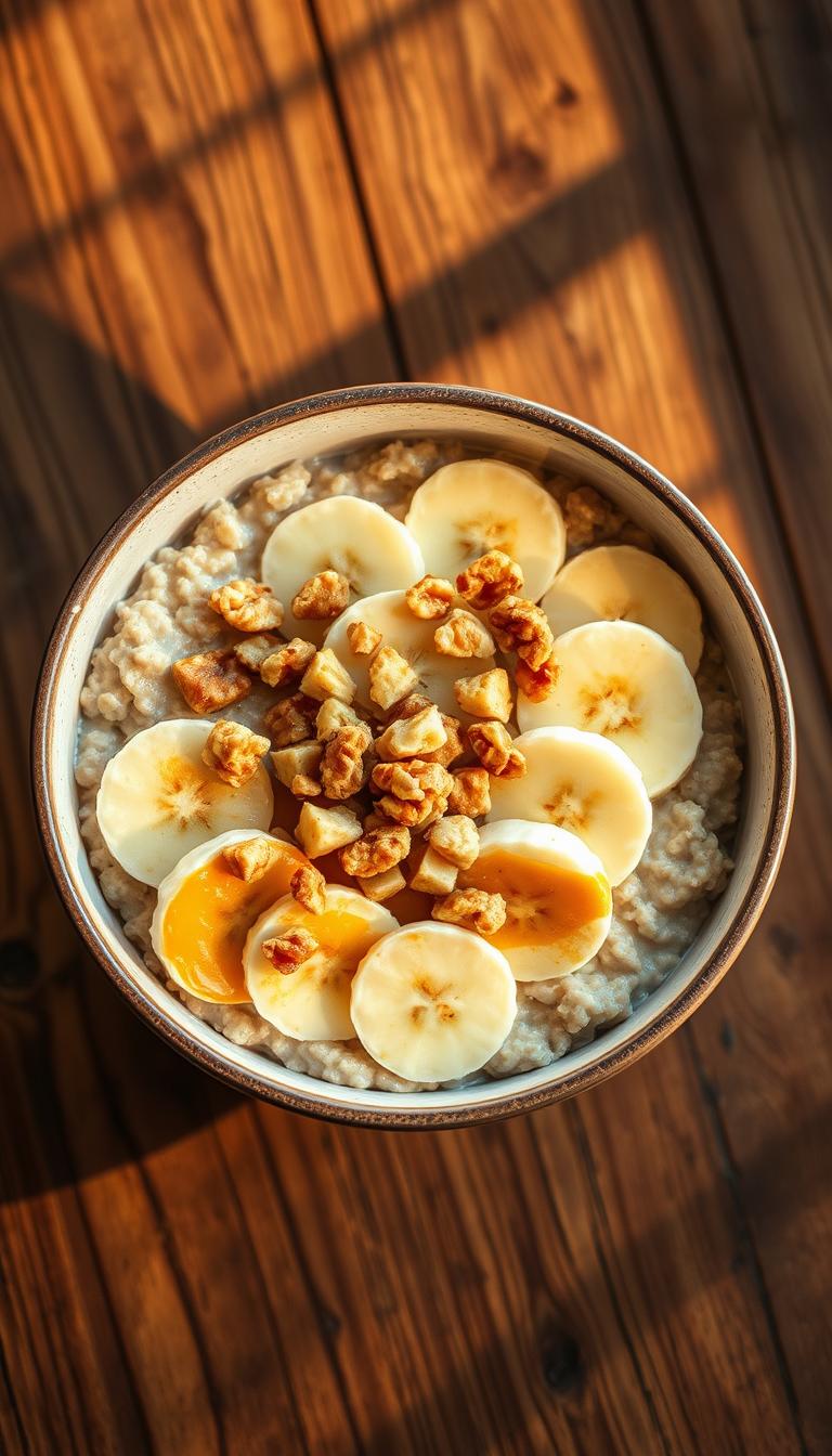A delectable peanut butter banana oatmeal bowl, bathed in warm, golden light and captured from a high angle. The bowl sits atop a rustic wooden surface, its contents a harmonious blend of thick, creamy oats, sliced bananas, and swirls of smooth peanut butter. Sprinkled over the top are chopped toasted walnuts, adding a delightful crunch. The overall scene exudes a cozy, comforting atmosphere, perfect for a nourishing and satisfying breakfast on a crisp morning.