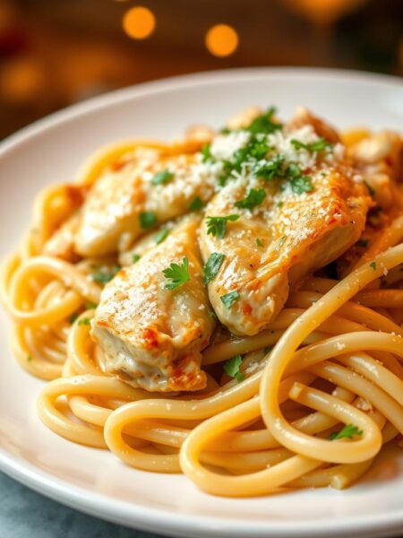 A delectable plate of creamy garlic chicken pasta, the noodles perfectly al dente and coated in a rich, velvety sauce. Tender chicken breast sautéed in a fragrant garlic-infused olive oil, its juices mingling with the cream and grated Parmesan. A dusting of fresh, finely chopped parsley adds a vibrant pop of color and herbaceous aroma. The scene is lit by warm, golden overhead lighting, casting a cozy, inviting glow. The pasta is arranged elegantly on a pristine white ceramic plate, ready to be savored in all its comforting, indulgent glory.