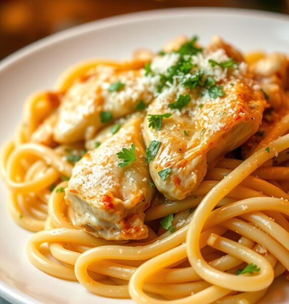 A delectable plate of creamy garlic chicken pasta, the noodles perfectly al dente and coated in a rich, velvety sauce. Tender chicken breast sautéed in a fragrant garlic-infused olive oil, its juices mingling with the cream and grated Parmesan. A dusting of fresh, finely chopped parsley adds a vibrant pop of color and herbaceous aroma. The scene is lit by warm, golden overhead lighting, casting a cozy, inviting glow. The pasta is arranged elegantly on a pristine white ceramic plate, ready to be savored in all its comforting, indulgent glory.