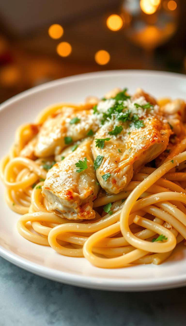 A delectable plate of creamy garlic chicken pasta, the noodles perfectly al dente and coated in a rich, velvety sauce. Tender chicken breast sautéed in a fragrant garlic-infused olive oil, its juices mingling with the cream and grated Parmesan. A dusting of fresh, finely chopped parsley adds a vibrant pop of color and herbaceous aroma. The scene is lit by warm, golden overhead lighting, casting a cozy, inviting glow. The pasta is arranged elegantly on a pristine white ceramic plate, ready to be savored in all its comforting, indulgent glory.