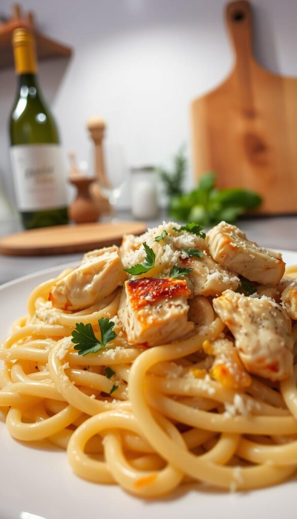 A delectable plate of freshly cooked chicken Alfredo pasta. In the foreground, a generous serving of al dente fettuccine noodles, coated in a rich, creamy Alfredo sauce, studded with tender, juicy pieces of grilled chicken. The middle ground features grated Parmesan cheese, a sprinkle of freshly chopped parsley, and a light dusting of ground black pepper, adding depth and complexity to the dish. In the background, a softly lit kitchen counter, with a bottle of white wine and a rustic wooden board, creating a cozy, inviting atmosphere. Bright, even lighting from above casts a warm glow, highlighting the textures and colors of the pasta, making it appear appetizing and mouthwatering. Captured from a slightly elevated angle, this image perfectly captures the essence of a delicious, easy-to-prepare chicken Alfredo pasta dish. A delectable plate of freshly cooked chicken Alfredo pasta. In the foreground, a generous serving of al dente fettuccine noodles, coated in a rich, creamy Alfredo sauce, studded with tender, juicy pieces of grilled chicken. The middle ground features grated Parmesan cheese, a sprinkle of freshly chopped parsley, and a light dusting of ground black pepper, adding depth and complexity to the dish. In the background, a softly lit kitchen counter, with a bottle of white wine and a rustic wooden board, creating a cozy, inviting atmosphere. Bright, even lighting from above casts a warm glow, highlighting the textures and colors of the pasta, making it appear appetizing and mouthwatering. Captured from a slightly elevated angle, this image perfectly captures the essence of a delicious, easy-to-prepare chicken Alfredo pasta dish.