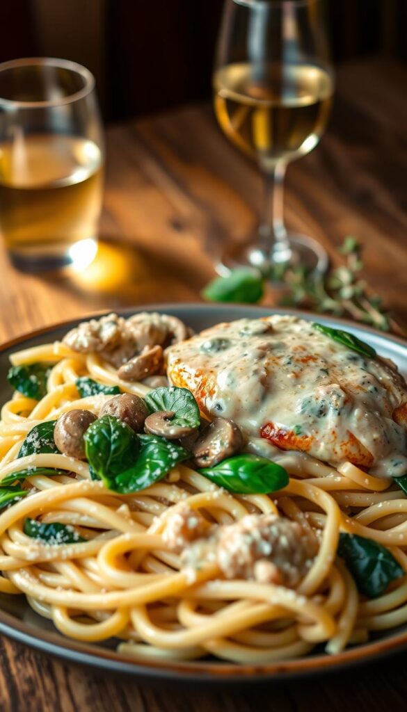 A delectable plate of spinach and mushroom chicken Alfredo, beautifully presented. In the foreground, tender chicken breasts are nestled atop a bed of al dente penne pasta, smothered in a rich, creamy Alfredo sauce. Sautéed mushrooms and fresh spinach leaves add a vibrant pop of color and earthy flavor. The middle ground showcases a tangle of al dente linguine, coated in the same indulgent Alfredo sauce, sprinkled with grated Parmesan cheese. In the background, a rustic wooden table sets the scene, with a glass of white wine and a sprig of fresh thyme adding a touch of elegance. Warm, golden lighting casts a cozy glow, highlighting the inviting textures and mouthwatering details of this delicious dish.