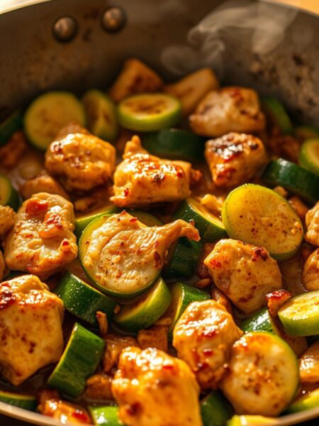 A delectable zucchini chicken stir-fry, steaming hot and sizzling in a wok. The chicken is tender and juicy, seared to perfection with a golden-brown crust. Vibrant green zucchini slices are interspersed throughout, their crisp-tender texture providing a delightful contrast. A blend of aromatic spices, garlic, and ginger infuses the dish with tantalizing flavors. The scene is bathed in warm, golden lighting, casting a inviting glow over the simmering medley. Shot from a low angle, the wok fills the frame, showcasing the mouthwatering ingredients and capturing the essence of a comforting, one-pan chicken dinner.